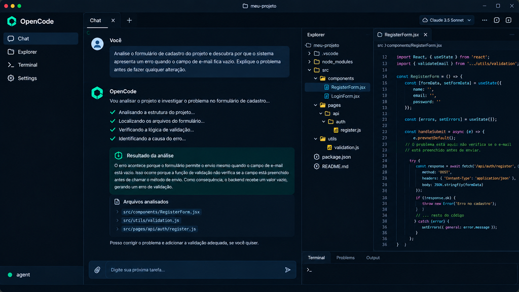 Exemplo de uma tarefa de desenvolvimento realizada com auxílio de um agente de programação.